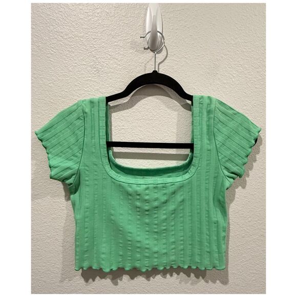 OFFLINE Green Striped Square Neck Short Sleeve Crop Top - Picture 2 of 4